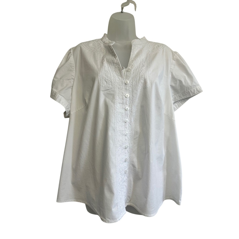 Ecologie White Embroidered Button Front Blouse Short Sleeve 3X Cotton Blend
